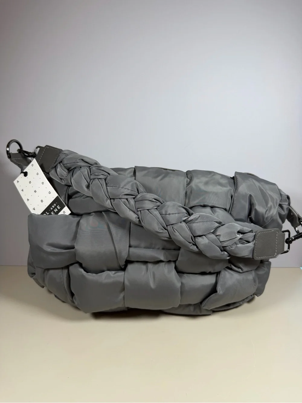 Quilted Braided-Handle Messenger Bag - Gray
